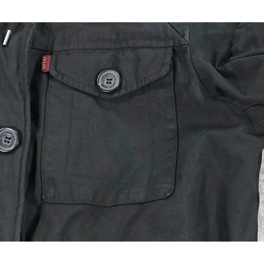 Levi's Women Medium Black Denim Field Jacket Hooded‎ Military Utility Cargo Coat